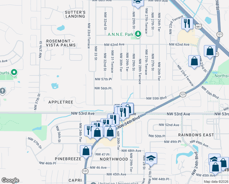 map of restaurants, bars, coffee shops, grocery stores, and more near 5531 Northwest 31 Terrace in Gainesville
