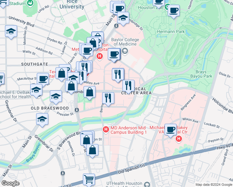 map of restaurants, bars, coffee shops, grocery stores, and more near 1300 Holcombe Boulevard in Houston