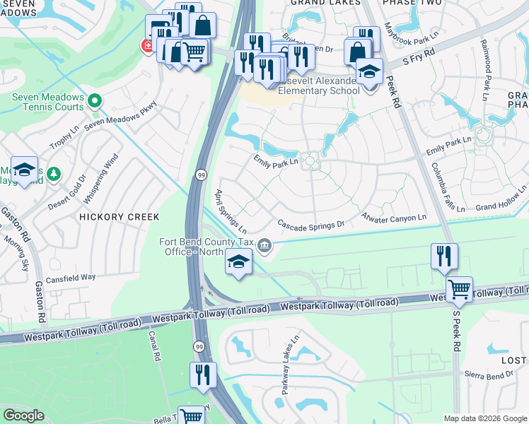 map of restaurants, bars, coffee shops, grocery stores, and more near 6303 Sunset Cove Lane in Katy
