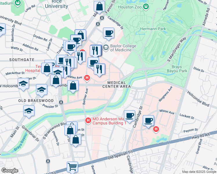 map of restaurants, bars, coffee shops, grocery stores, and more near 1600 Holcombe Boulevard in Houston