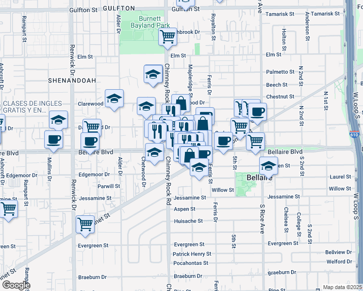 map of restaurants, bars, coffee shops, grocery stores, and more near 5410 Bellaire Boulevard in Bellaire