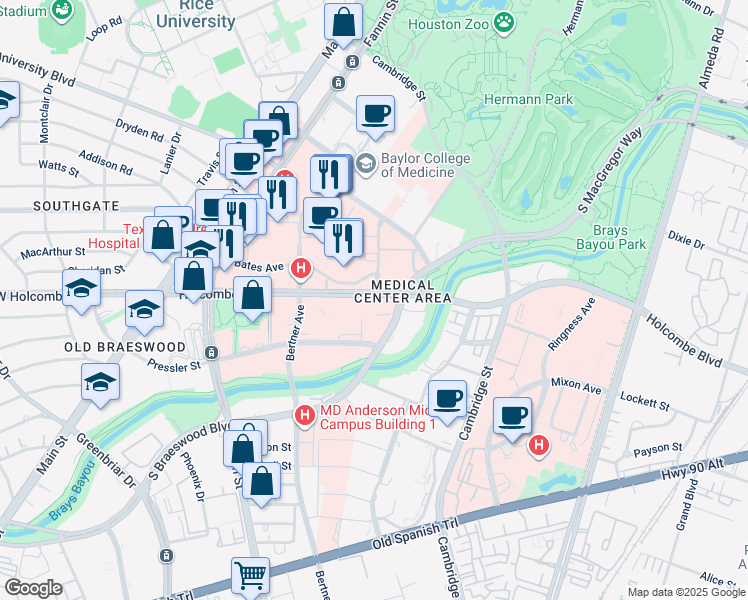 map of restaurants, bars, coffee shops, grocery stores, and more near 1550 Holcombe Boulevard in Houston