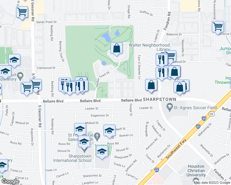 map of restaurants, bars, coffee shops, grocery stores, and more near 1420 Waldo Street in Houston