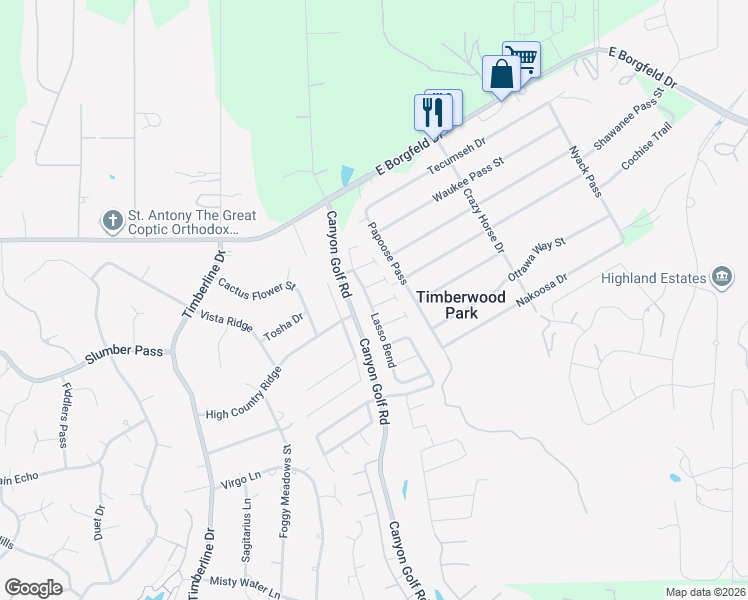 map of restaurants, bars, coffee shops, grocery stores, and more near 27535 Lasso Bend in San Antonio