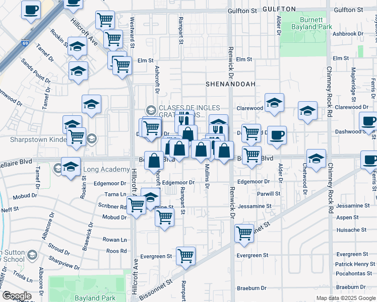 map of restaurants, bars, coffee shops, grocery stores, and more near 6060 Bellaire Boulevard in Houston