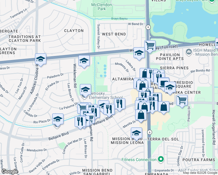 map of restaurants, bars, coffee shops, grocery stores, and more near 6614 Mission Bell Drive in Houston