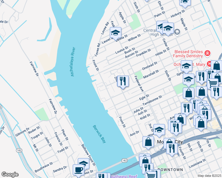 map of restaurants, bars, coffee shops, grocery stores, and more near 1423 North 1st Street in Morgan City