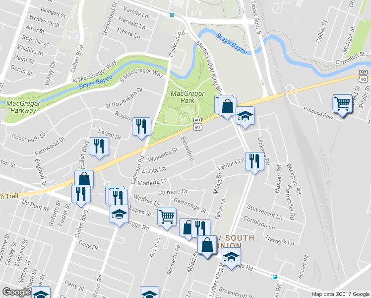 map of restaurants, bars, coffee shops, grocery stores, and more near 4838 Winnetka Street in Houston