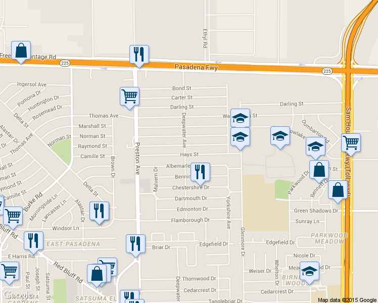map of restaurants, bars, coffee shops, grocery stores, and more near 3121 Hays Street in Pasadena