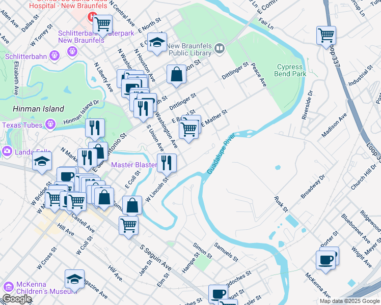 map of restaurants, bars, coffee shops, grocery stores, and more near 264 Cross River Street in New Braunfels