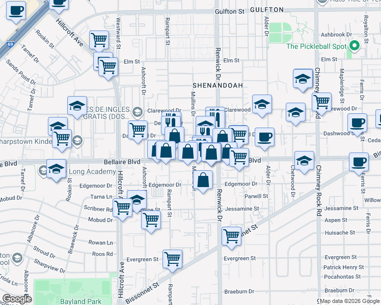 map of restaurants, bars, coffee shops, grocery stores, and more near 6712 Mullins Drive in Houston