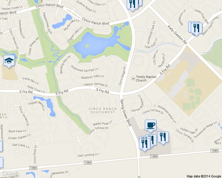 map of restaurants, bars, coffee shops, grocery stores, and more near 25203 Oakton Springs Drive in Katy