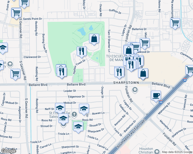 map of restaurants, bars, coffee shops, grocery stores, and more near 7910 Bellaire Boulevard in Houston