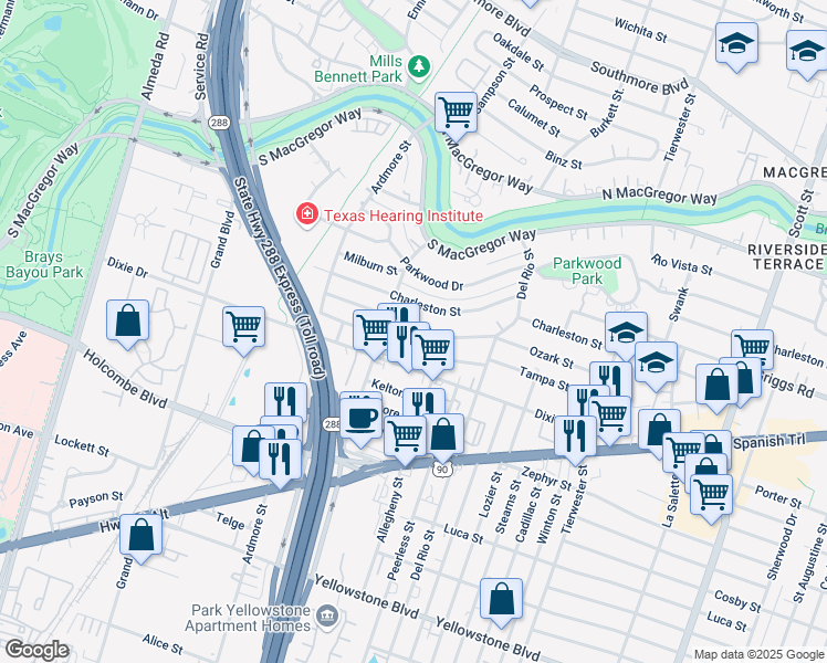 map of restaurants, bars, coffee shops, grocery stores, and more near 3324 Ozark Street in Houston