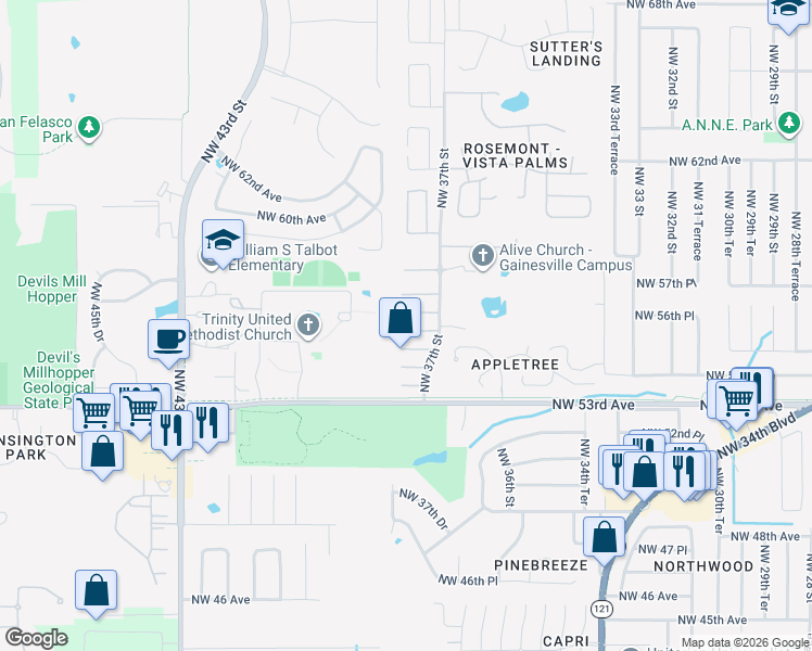 map of restaurants, bars, coffee shops, grocery stores, and more near 3746 Northwest 55 Place in Gainesville