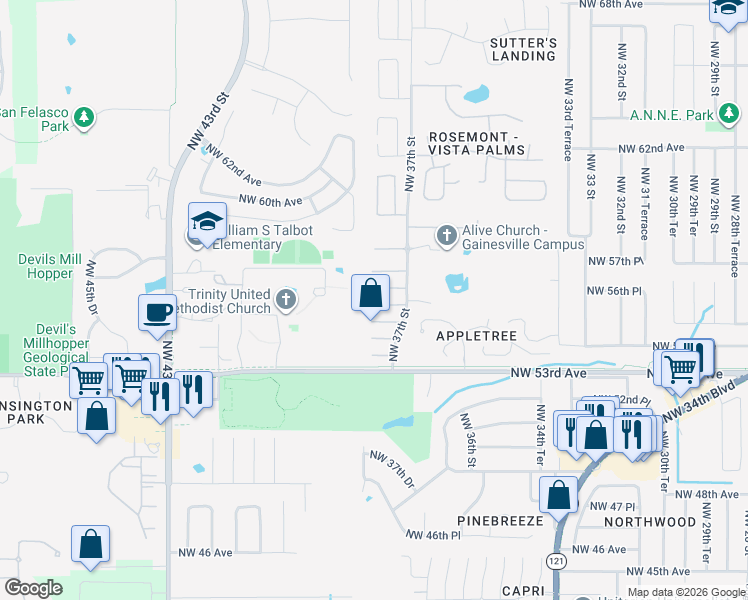 map of restaurants, bars, coffee shops, grocery stores, and more near 3752 Northwest 55 Place in Gainesville