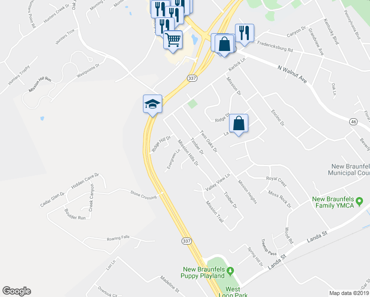 map of restaurants, bars, coffee shops, grocery stores, and more near 889 Mission Hills Drive in New Braunfels
