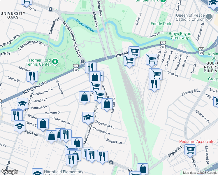 map of restaurants, bars, coffee shops, grocery stores, and more near 5034 Nassau Road in Houston