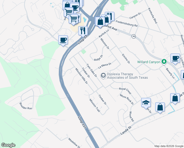map of restaurants, bars, coffee shops, grocery stores, and more near 837 Twin Oaks Drive in New Braunfels