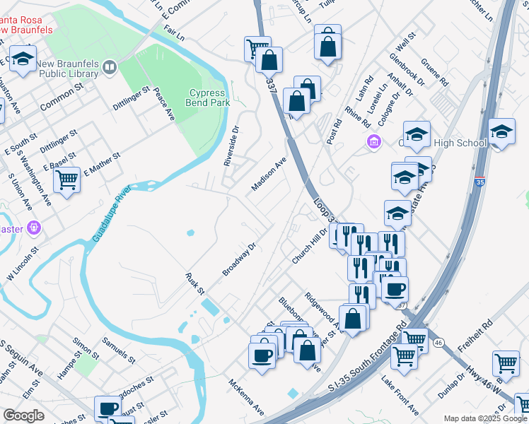 map of restaurants, bars, coffee shops, grocery stores, and more near 805 Manhattan in New Braunfels