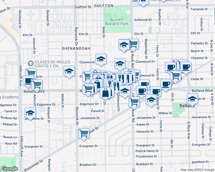 map of restaurants, bars, coffee shops, grocery stores, and more near 5616 Bellaire Boulevard in Houston