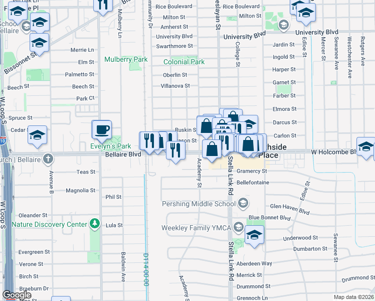 map of restaurants, bars, coffee shops, grocery stores, and more near in Southside Place