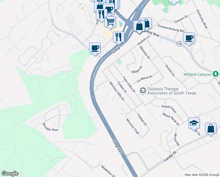 map of restaurants, bars, coffee shops, grocery stores, and more near 618 Evergreen Lane in New Braunfels