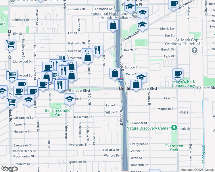 map of restaurants, bars, coffee shops, grocery stores, and more near 4710 Bellaire Boulevard in Bellaire