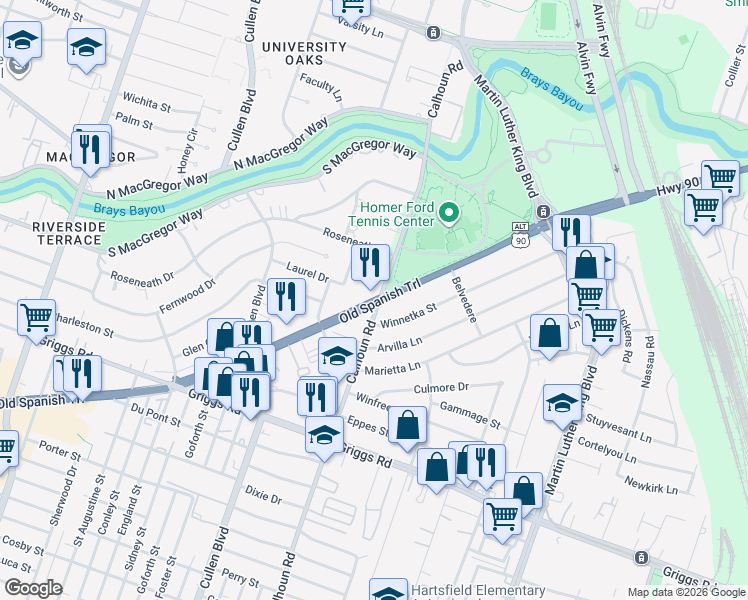 map of restaurants, bars, coffee shops, grocery stores, and more near 4525 Old Spanish Trail in Houston