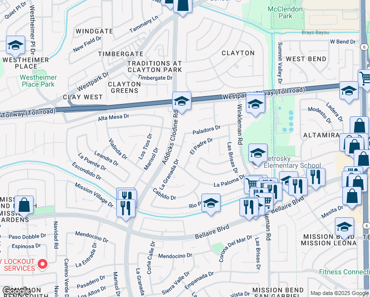 map of restaurants, bars, coffee shops, grocery stores, and more near 6627 La Granada Drive in Houston