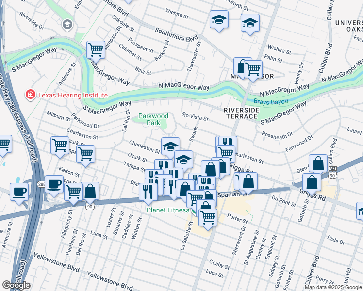 map of restaurants, bars, coffee shops, grocery stores, and more near 3629 Griggs Road in Houston