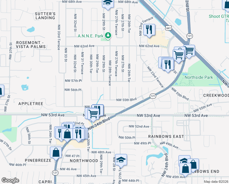 map of restaurants, bars, coffee shops, grocery stores, and more near 5601 Northwest 27th Terrace in Gainesville