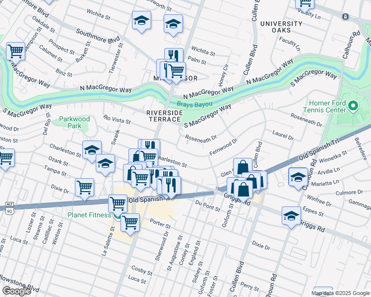map of restaurants, bars, coffee shops, grocery stores, and more near 3909 Fernwood Dr in Houston