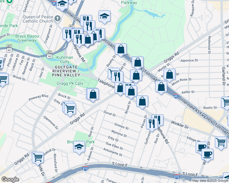 map of restaurants, bars, coffee shops, grocery stores, and more near 6207 Griggs Road in Houston