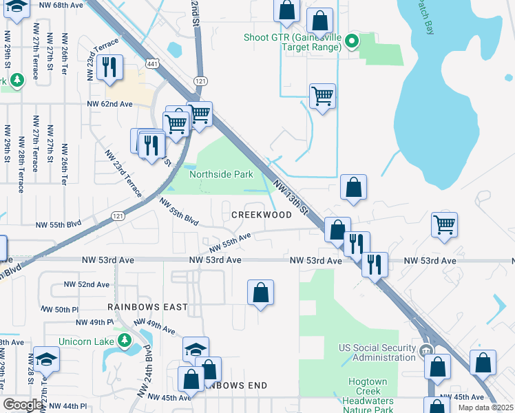 map of restaurants, bars, coffee shops, grocery stores, and more near 2006 Northwest 55th Avenue in Gainesville