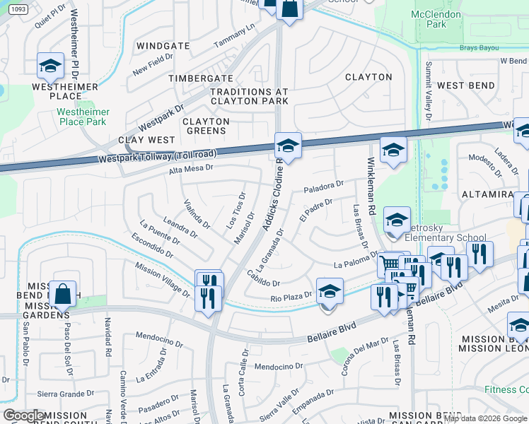 map of restaurants, bars, coffee shops, grocery stores, and more near 6702 Addicks Clodine Road in Houston
