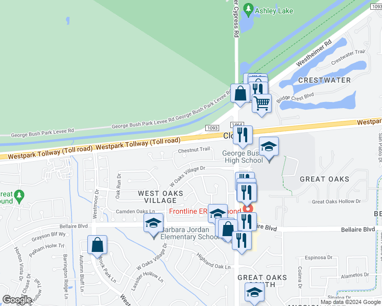 map of restaurants, bars, coffee shops, grocery stores, and more near 17523 Chestnut Trail in Richmond