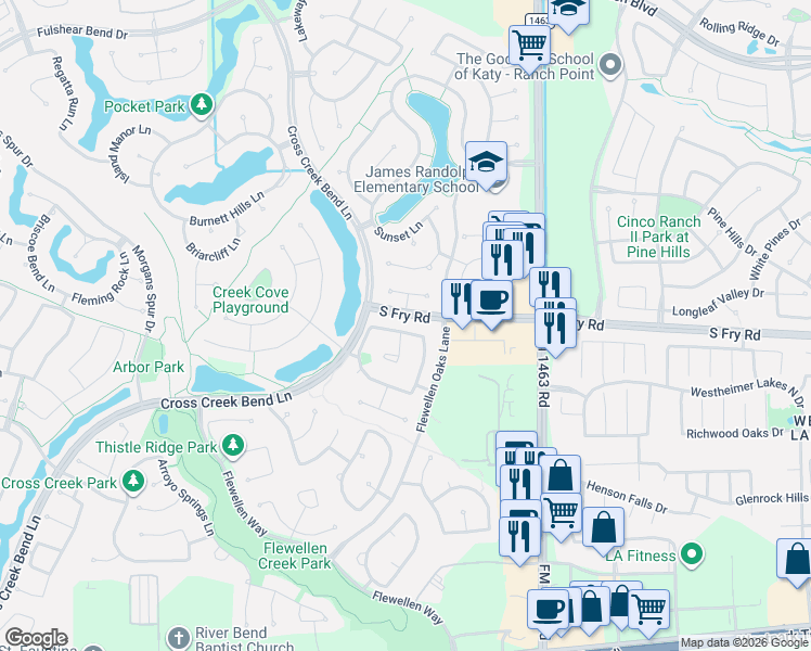 map of restaurants, bars, coffee shops, grocery stores, and more near 57422 Caldwell Sky Lane in Katy