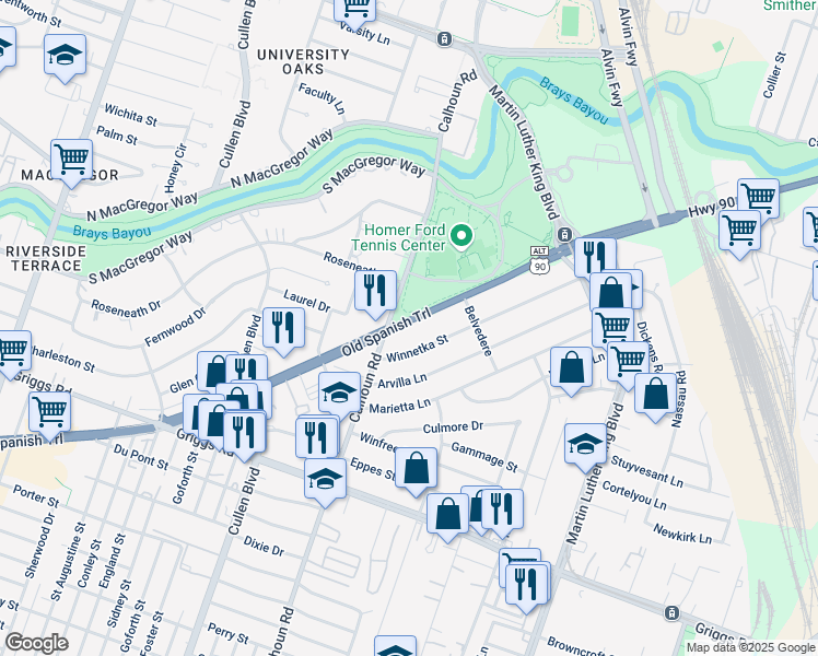 map of restaurants, bars, coffee shops, grocery stores, and more near 4714 Old Spanish Trail in Houston