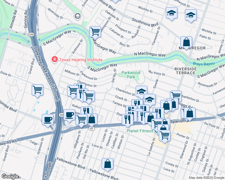 map of restaurants, bars, coffee shops, grocery stores, and more near 3423 Ozark Street in Houston
