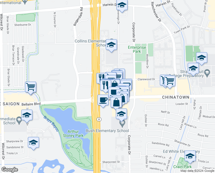 map of restaurants, bars, coffee shops, grocery stores, and more near 6611 West Sam Houston Parkway South in Houston
