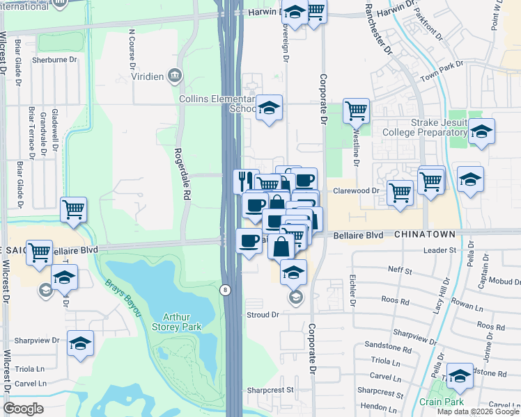 map of restaurants, bars, coffee shops, grocery stores, and more near 6689 West Sam Houston Parkway South in Houston