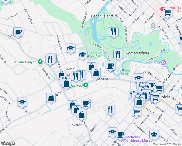 map of restaurants, bars, coffee shops, grocery stores, and more near 321 Inspiration Drive in New Braunfels