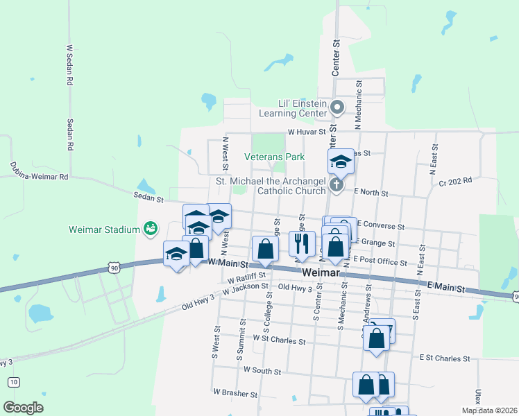map of restaurants, bars, coffee shops, grocery stores, and more near 306 West Converse Street in Weimar