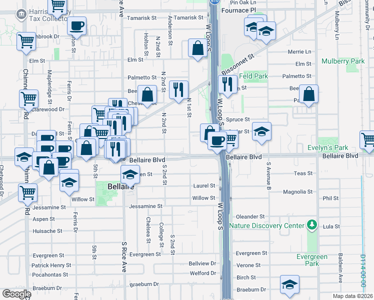 map of restaurants, bars, coffee shops, grocery stores, and more near 4812 Bellaire Boulevard in Bellaire
