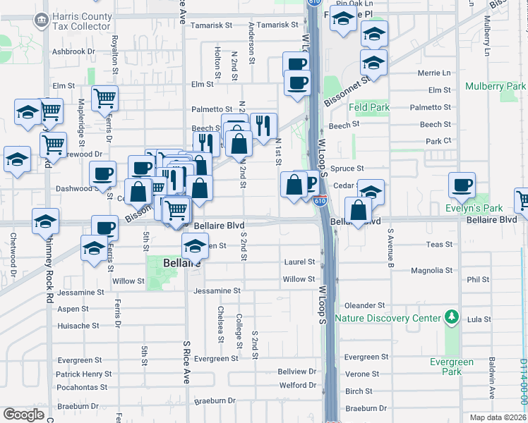 map of restaurants, bars, coffee shops, grocery stores, and more near 4812 Bellaire Boulevard in Bellaire
