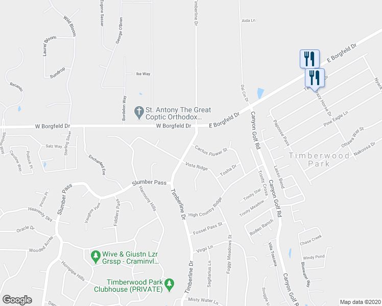 map of restaurants, bars, coffee shops, grocery stores, and more near 27416 Timberline Drive in San Antonio