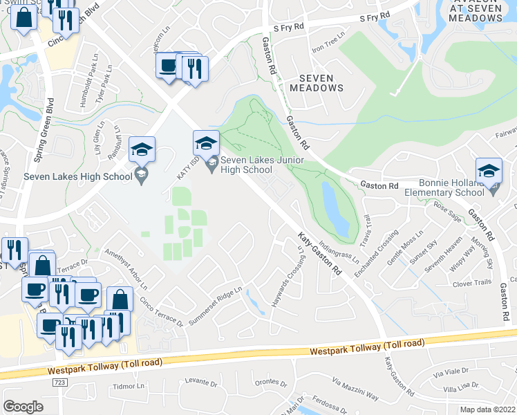 map of restaurants, bars, coffee shops, grocery stores, and more near 6208 Katy-Gaston Road in Katy