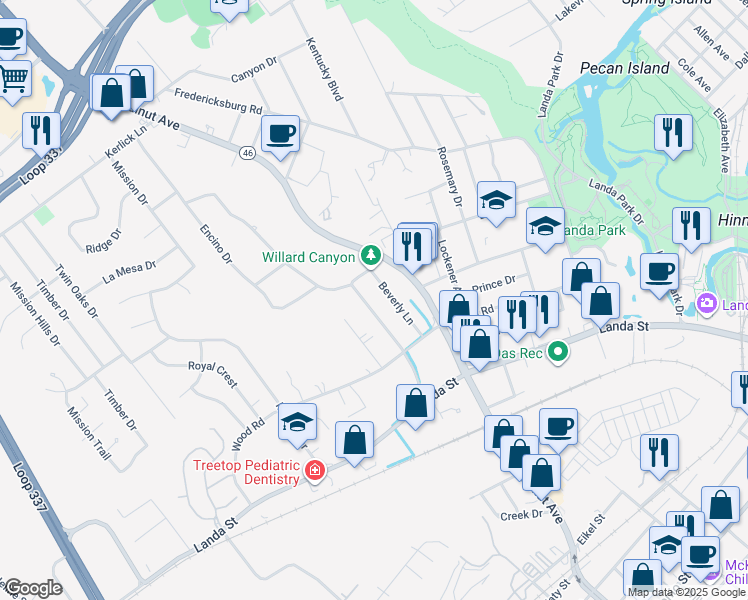 map of restaurants, bars, coffee shops, grocery stores, and more near 565 Laurel Lane in New Braunfels