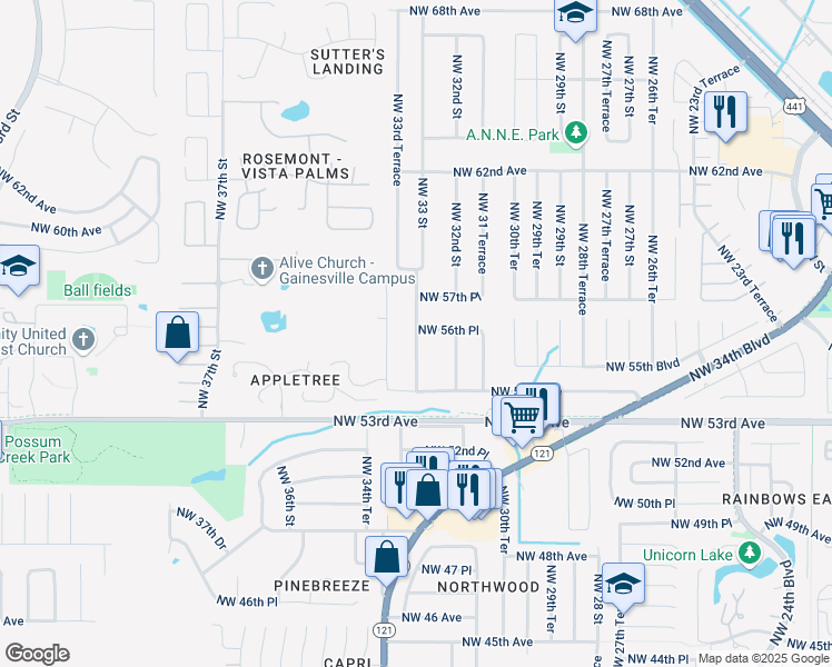 map of restaurants, bars, coffee shops, grocery stores, and more near 5615 Northwest 33 Street in Gainesville